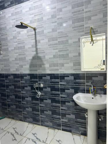 a bathroom with a sink and a glass shower at The Nile flat in Luxor