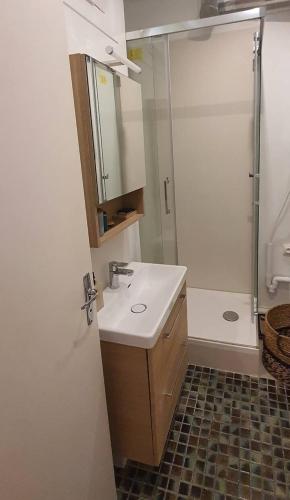 une salle de bain avec un lavabo et une douche dans l'établissement Paris Neuilly Défense, à Neuilly-sur-Seine