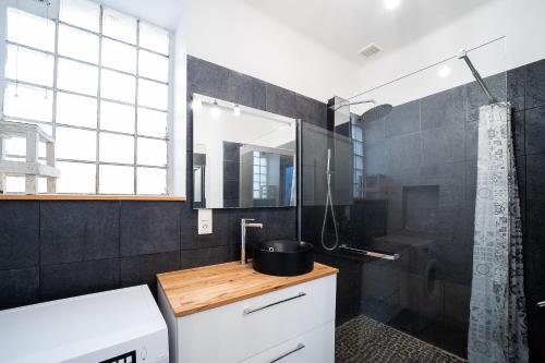 une salle de bain avec un lavabo et une douche dans l'établissement Terroir et Mer - A 5min à pied de la plage, à Banyuls-sur-Mer
