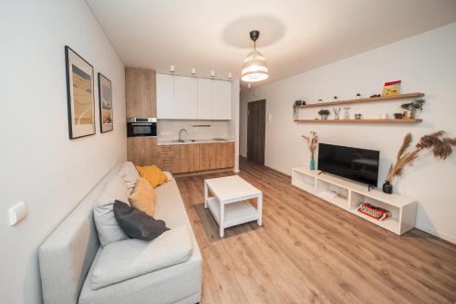 a living room with a couch and a kitchen at New Apartment Next to Kaunas Castle in Kaunas