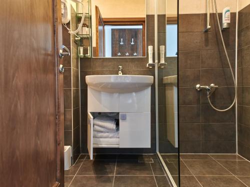 a bathroom with a sink and a shower at Hotel EMD in Bacău