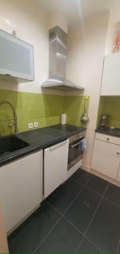 une cuisine avec des armoires blanches et un évier dans l'établissement Paris Neuilly Défense, à Neuilly-sur-Seine