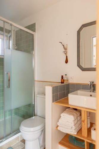 une salle de bain avec toilettes, lavabo et douche dans l'établissement Côte et Rôve Maison mignon au bord de mer, à Plouhinec