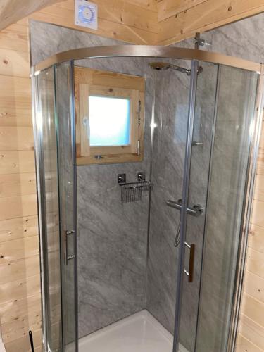 doccia con porta in vetro in camera di Executive Pod and Jacuzzi a Watch House Village