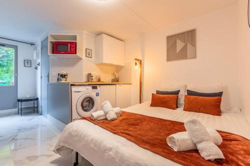 - une chambre avec un lit et un lave-linge dans l'établissement Le petit studio du stadium avec parking gratuit, à Villeneuve d'Ascq