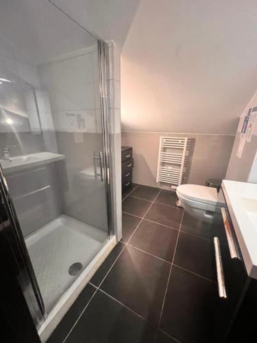 une salle de bain avec douche et toilettes dans l'établissement Duplex Vista, à Bonifacio