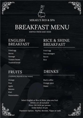 a black and white ticket for a breakfast menu at Mikael's Bed & Spa in Sandefjord