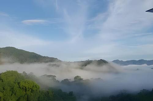 a plane flying over a foggy valley with trees at ketana - chalet turei g(4) in Sasaima