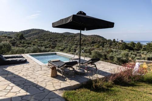 a patio with an umbrella and chairs and a pool at Fari Stone Villas in Skala Marion