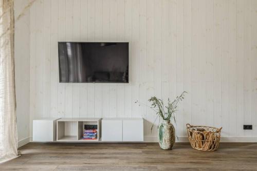 Una sala de estar con un televisor y un jarrón. en Svencelės burė 10, en Svencelė