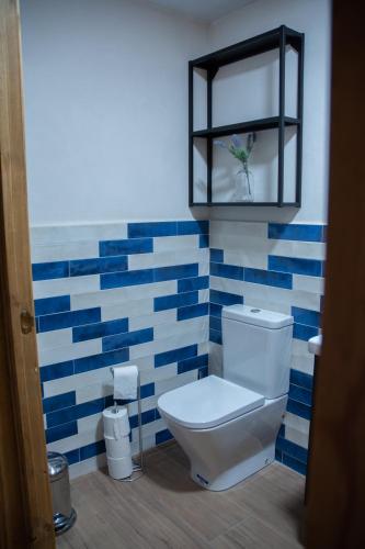 a bathroom with a toilet with blue and white tiles at Casa Rural La Moreneta in Las Mesas
