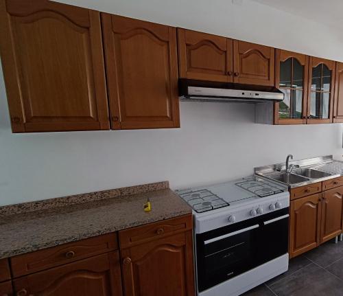 a kitchen with wooden cabinets and a stove top oven at La Dea del Mare in Ischia