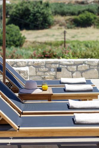 a group of blue lounge chairs with towels on them at Eveland Accessible Villas in Sfakaki