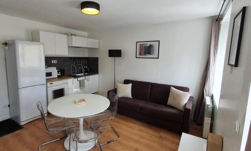 Il dispose d'une cuisine et d'un salon avec une table et un canapé. dans l'établissement DMC One, à Mulhouse
