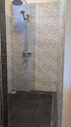 a shower with a glass door in a bathroom at Maison des Sables - Turquoise in Port Louis