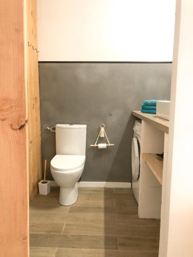 a bathroom with a white toilet in a room at Le studio du Coutach in Quissac