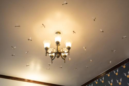 a chandelier hanging from a ceiling with birds on it at Wizards Den-Harry Potter inspired 3BHK in Mashobra in Mashobra