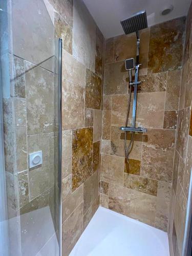 une douche avec une porte vitrée dans une salle de bain dans l'établissement Evasion romantique & spa, à Saint-Étienne