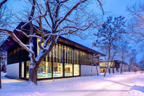 a building covered in snow next to a tree at Eva Park Life & Spa in Konstancin-Jeziorna