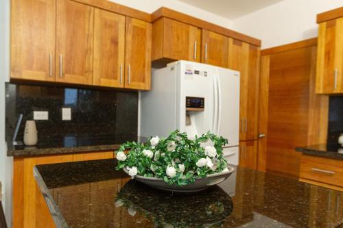 a kitchen with a bowl of flowers on a counter at Crown ll-3 Bedrooms-Pool-Close to everything! in San Felipe de Puerto Plata