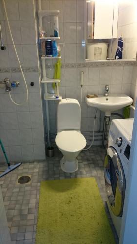 a bathroom with a toilet and a sink and a washing machine at Apartment Haltijantie in Kotka