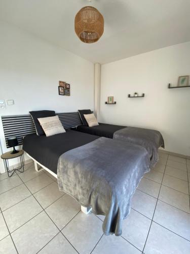 two beds sitting in a room with at Les terrasses des myosotis in Blotzheim