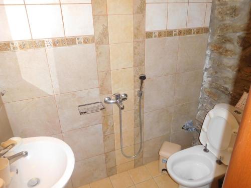 a bathroom with a shower and a toilet and a sink at Saronic Citadel Seaside villa in Salamís