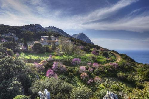 an aerial view of a house on a hill next to the ocean at Blue Dream Seaside Villa with superb sea views in Kymi