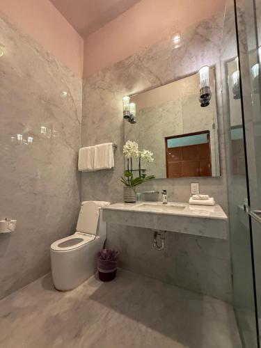 a bathroom with a toilet and a sink and a mirror at Parque Juan Diego in Guadalajara