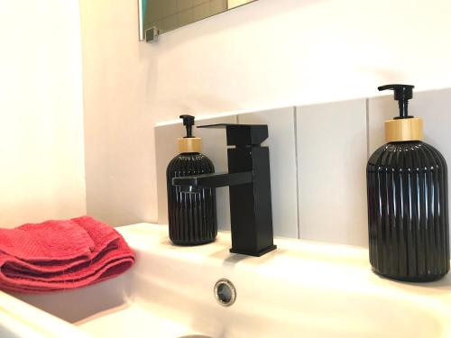 deux vases noirs posés sur un lavabo de salle de bain dans l'établissement LE CASTEL LILY - Calme - Face aux Parcs - Immeuble de caractère, à Vichy