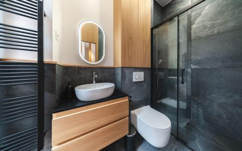 une salle de bain avec un lavabo, des toilettes et un miroir dans l'établissement Apartment center of Paris with terrace by Studio Prestige, à Paris
