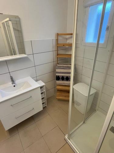 une salle de bain avec douche et lavabo dans l'établissement Bri29 - Poullaouen - Murmur-y-coed, à Poullaouen