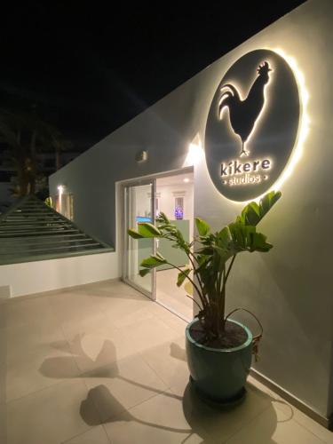 a store with a chicken sign and a potted plant at Kikere Studios in Puerto del Carmen