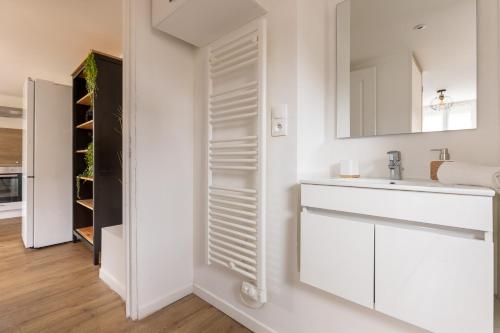 une salle de bain blanche avec un lavabo et un miroir dans l'établissement Charmant appartement proche centre ville, à Metz