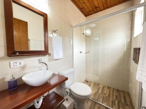 a bathroom with a sink and a toilet and a mirror at Apartamento Nuvem · Apartamento Nuvem 15 min centrinho in Campos do Jordão