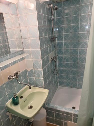 a small bathroom with a sink and a shower at Horský Hotel Kubát in Benecko