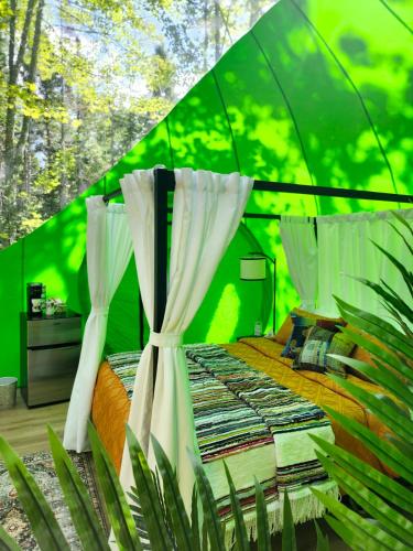 a bedroom with a bed in a green igloo at Estrella Glamping in Caraquet