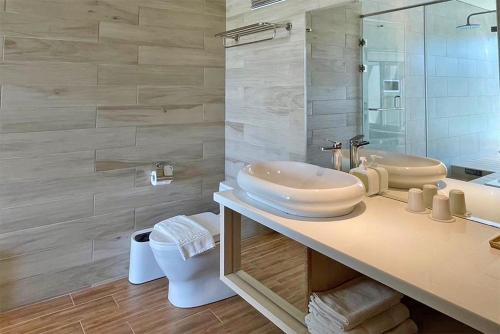 a bathroom with a sink and a tub and a mirror at 阿爾法民宿AlphaVilla in Hengchun