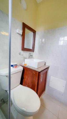 a bathroom with a white toilet and a sink at Hotel Turístico Marian in Las Terrenas
