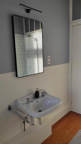 a bathroom with a sink and a mirror at La Maison Vienvenue - Bike, hike and meet alike in Anthisnes