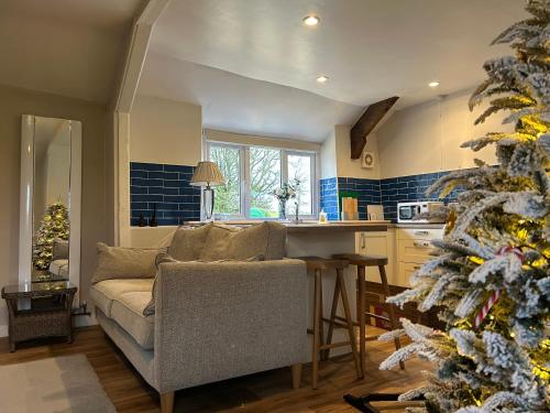 een woonkamer met een kerstboom en een bank bij Winstitchen Cottage situated near the River Barle in Simonsbath
