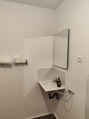 a white bathroom with a sink and a mirror at L'Olivera Casa Rural in Castellbisbal