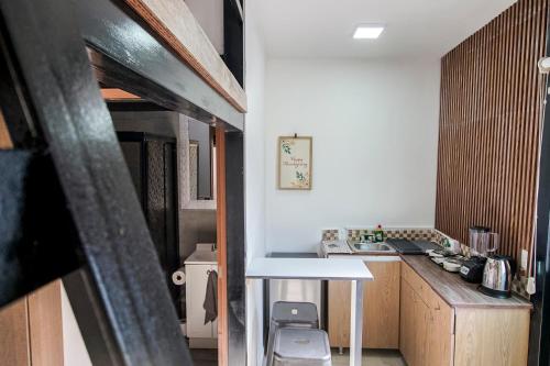 Una pequeña cocina con fregadero y encimera. en Lofts Tequisquiapan, en San Luis Potosí