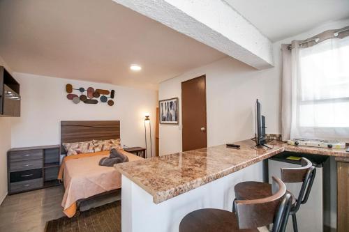 Un dormitorio con una cama y una cocina con encimera. en Lofts Tequisquiapan, en San Luis Potosí
