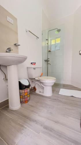 a bathroom with a toilet and a sink and a shower at Hotel Turístico Marian in Las Terrenas