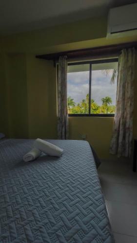 a bed in a room with a large window at Hotel Turístico Marian in Las Terrenas