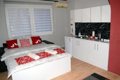 a bedroom with a bed with red pillows and a kitchen at Oki doki 2 in Bitola