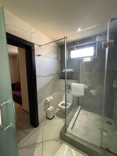 a bathroom with a glass shower and a toilet at The Palms by Eagles Accra in Accra