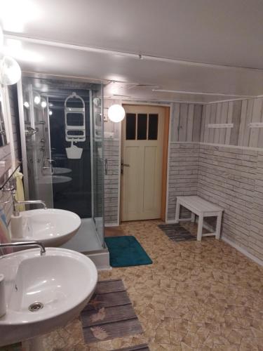 a bathroom with two sinks and a walk in shower at Pension Panorama in Tanvald