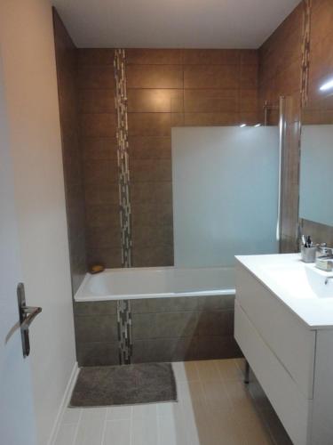 une salle de bain avec une baignoire et un lavabo dans l'établissement Appartement idéal circuit des 24h du Mans, au Mans
